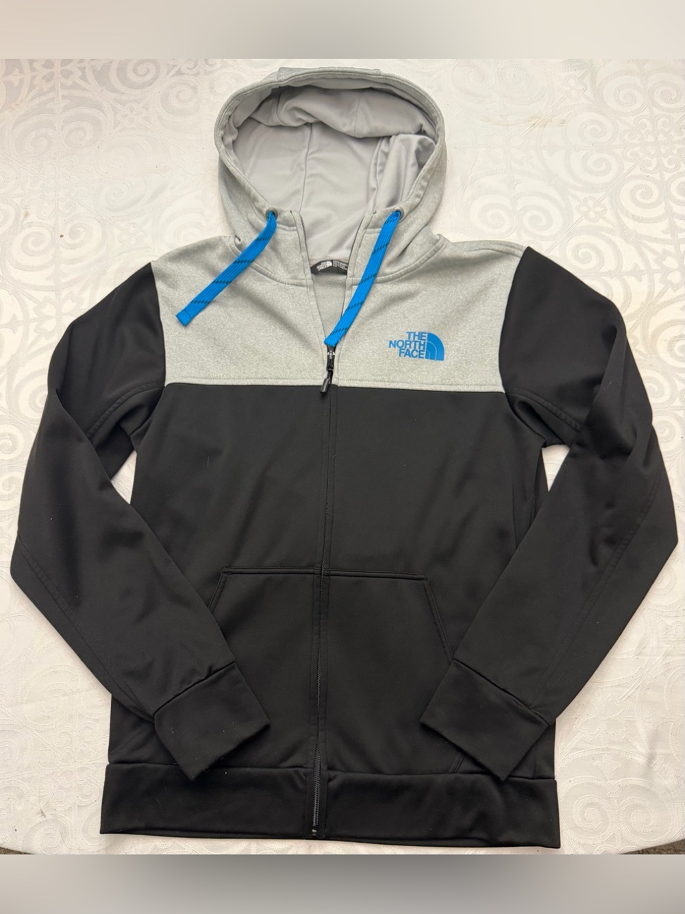 The North Face Black Gray Zip Hoodie Jacket Coat Blue Accents Men Small